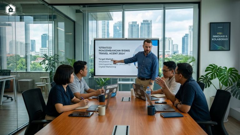 Tim konsultan bisnis sedang mendiskusikan strategi pengembangan bisnis travel agent di ruang kerja modern