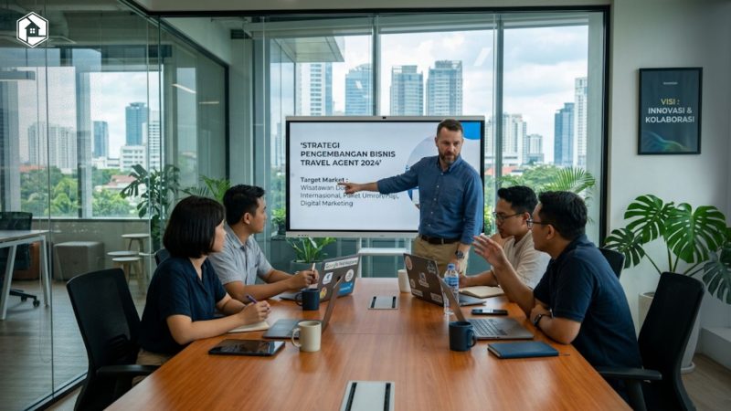Tim konsultan bisnis sedang mendiskusikan strategi pengembangan bisnis travel agent di ruang kerja modern
