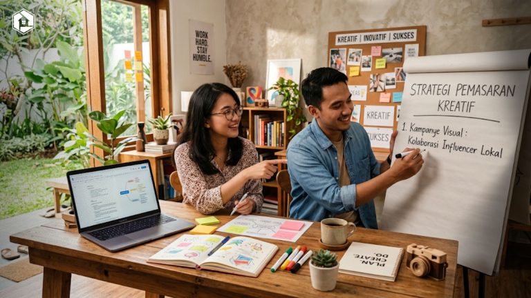 Pelaku usaha muda sedang merancang strategi pemasaran kreatif di meja kerja aesthetic