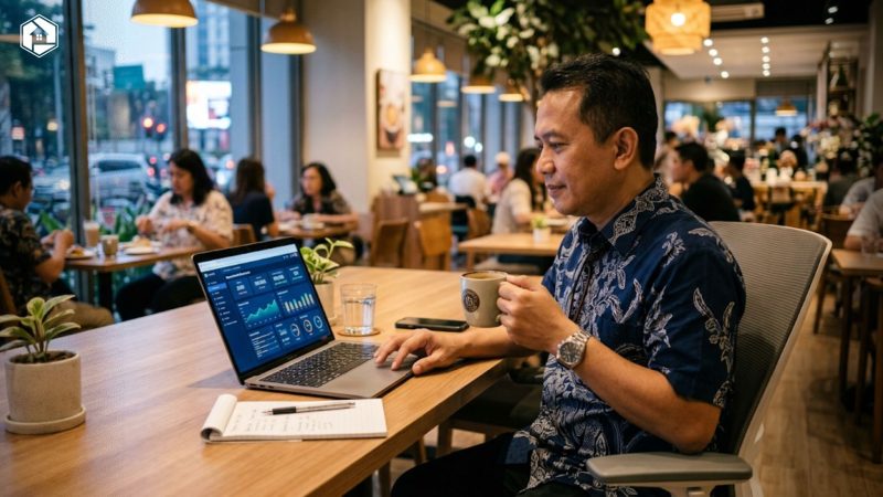 Pemilik usaha sedang memantau dashboard sistemasi operasional bisnis di laptop dengan tenang