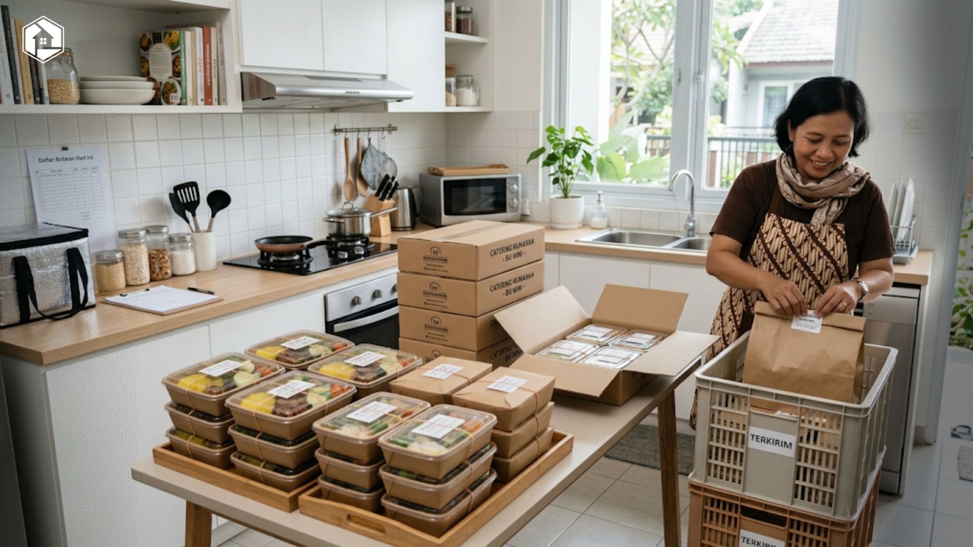 Suasana dapur rumah yang bersih dengan kemasan catering rumahan yang siap dikirim