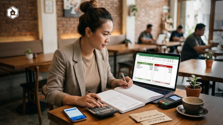 Seorang pengusaha muda sedang mencatat aliran kas dan mengelola cashflow awal bisnis di atas laptop.