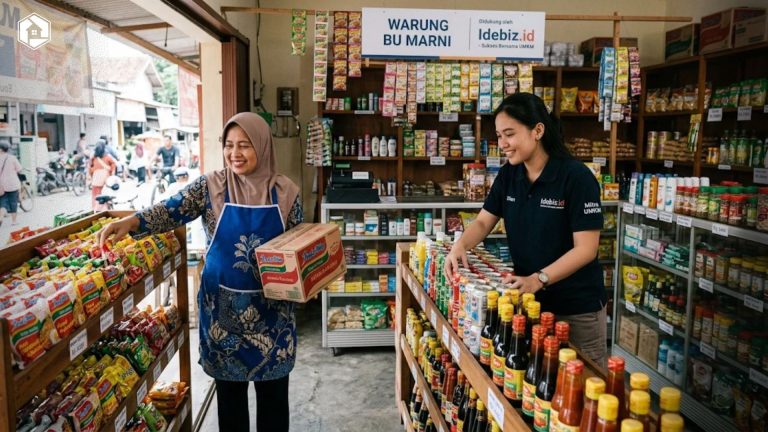 Pemilik warung sedang menerapkan cara menata barang di toko kelontong secara rapi bersama Idebiz.id.