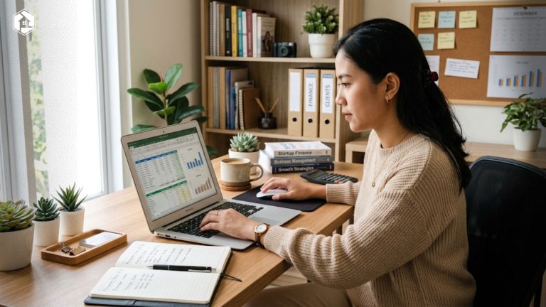 Seseorang sedang mencatat keuangan usaha dan mengelola manajemen bisnis menggunakan laptop di meja kerja yang rapi.