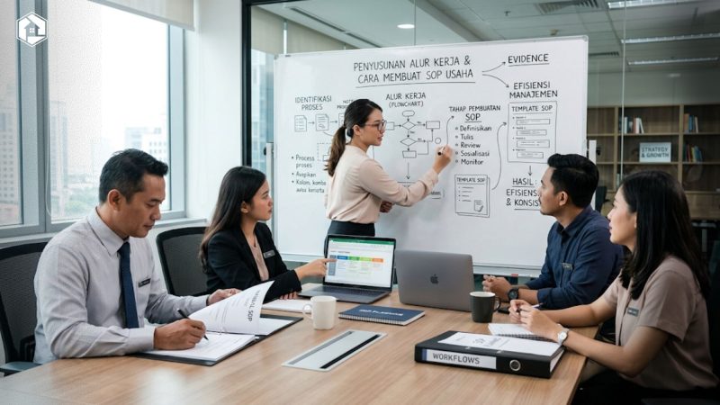 Tim bisnis sedang menyusun alur kerja dan cara membuat SOP usaha untuk efisiensi manajemen bisnis