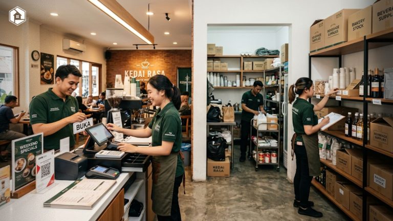 Tim ritel dan usaha kuliner sedang melakukan persiapan operasional toko weekend di kasir dan area stok