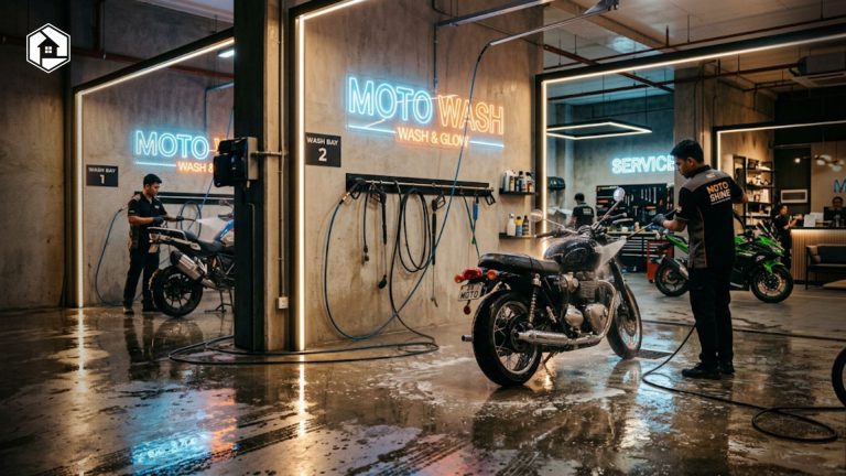 Area kerja bisnis cuci motor modern dengan peralatan lengkap dan pencahayaan estetik
