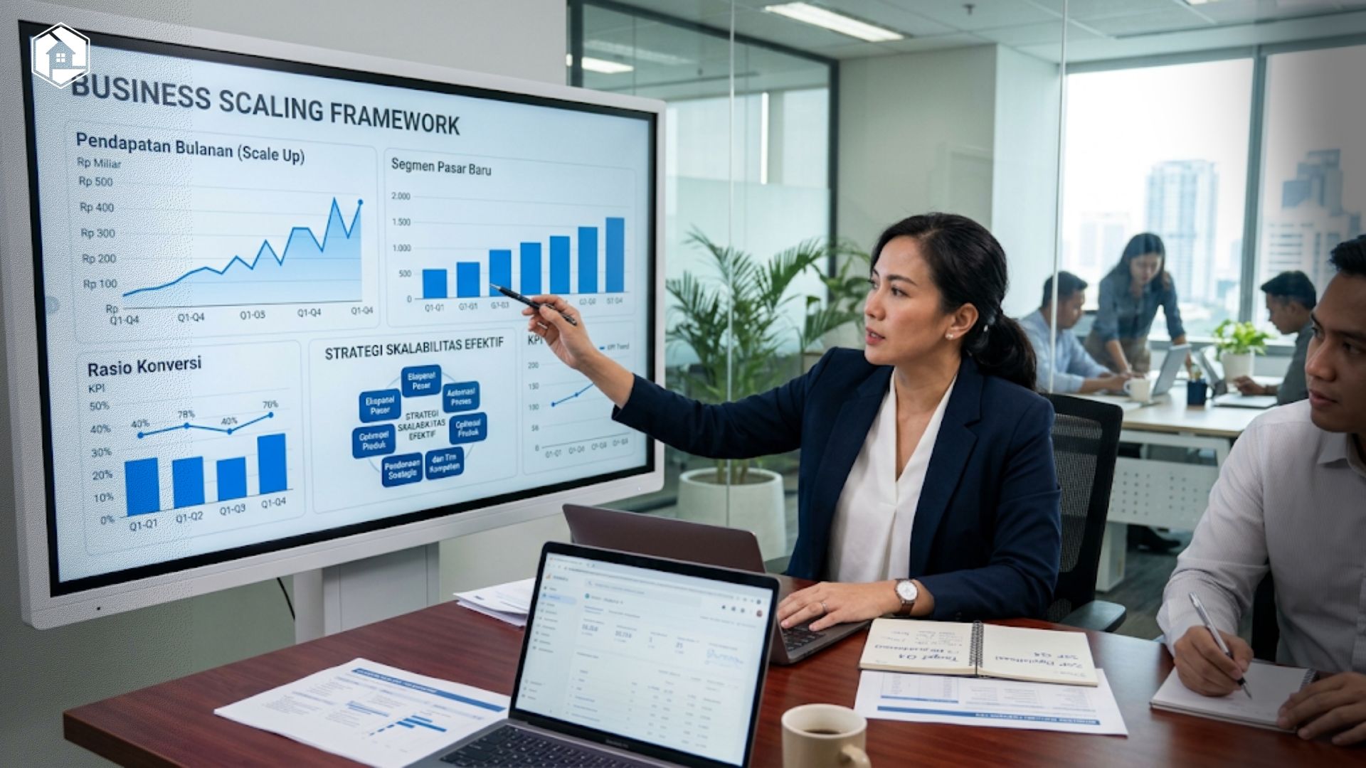 Seorang pemilik usaha sedang menganalisis grafik pengembangan bisnis untuk cara scale up bisnis yang efektif
