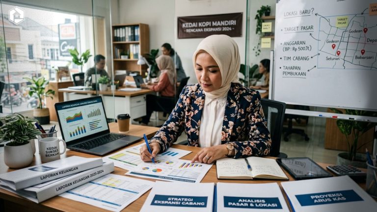 Pemilik usaha sedang menganalisis laporan keuangan untuk menyusun strategi buka cabang usaha.