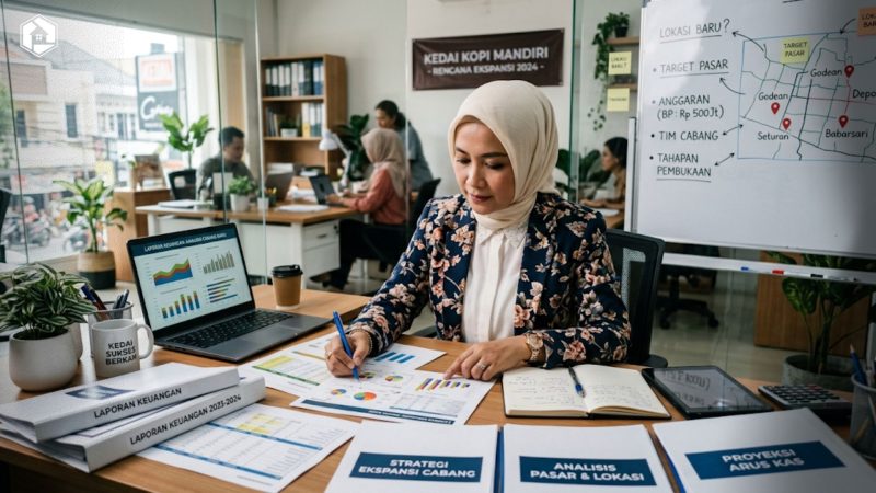 Pemilik usaha sedang menganalisis laporan keuangan untuk menyusun strategi buka cabang usaha.