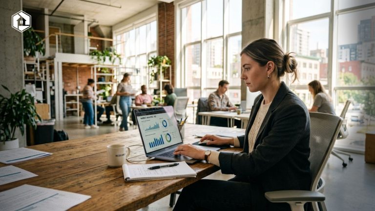 young professional using a laptop to analyze market research