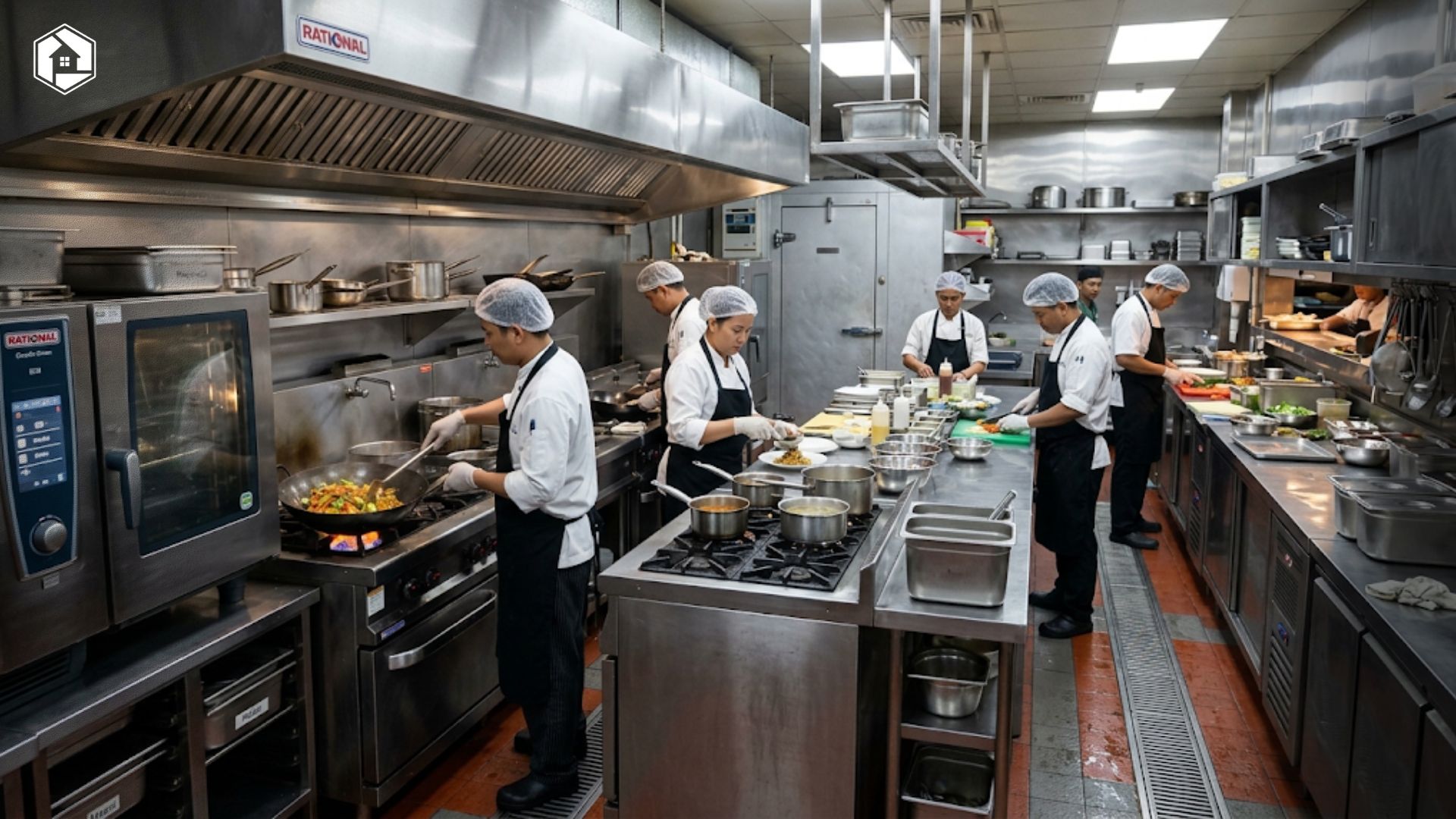 Suasana dapur restoran komersial dengan staf memasak menggunakan daftar peralatan dapur restoran komersial berbahan stainless steel.