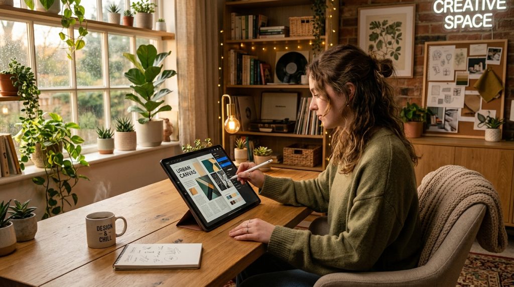 Ruang kerja santai dengan laptop, kopi, dan catatan di atas meja kayu yang kena sinar matahari, pas banget buat kerja sampingan online dari rumah.