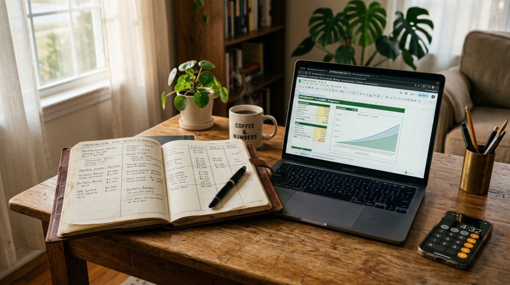 photo of financial planning ledger and laptop on a clean wooden desk