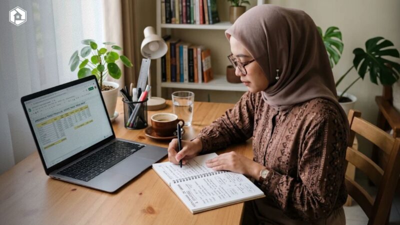Seseorang sedang mencatat perencanaan strategi ide usaha modal kecil di laptop dan buku catatan di sebuah meja kerja yang rapi.
