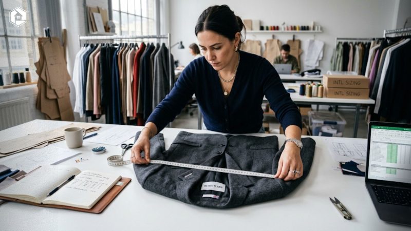 Fashion designer measuring garment dimensions using a tape measure on a modern workspace table for international sizing strategy.