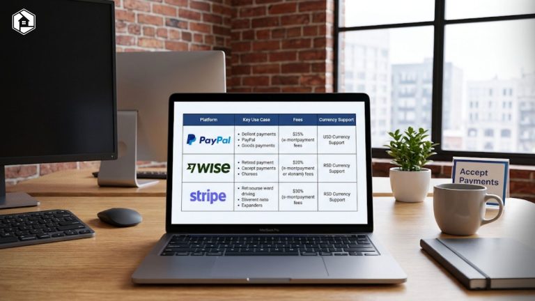 Comparison table and modern workspace showing PayPal, Wise, and Stripe payment platforms on a laptop screen.