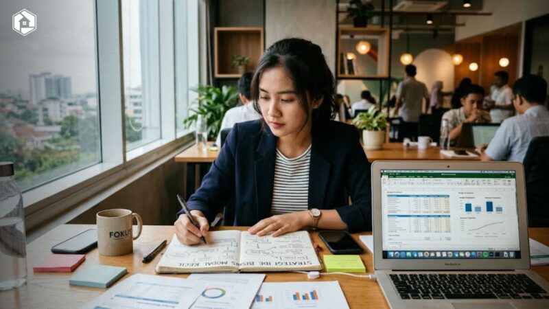 Seorang praktisi muda sedang menganalisis strategi ide bisnis modal kecil di ruang kerja modern dengan pencahayaan sinematik 35mm.
