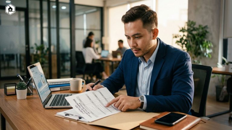 seorang pengusaha muda sedang memeriksa dokumen checklist tips memilih franchise untuk pemula di atas meja kerja