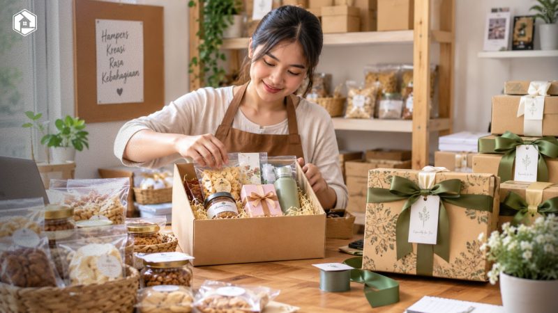 Pengusaha rumahan sedang menyusun hampers berisi makanan ringan dan produk hadiah dalam kotak dekoratif untuk persiapan penjualan
