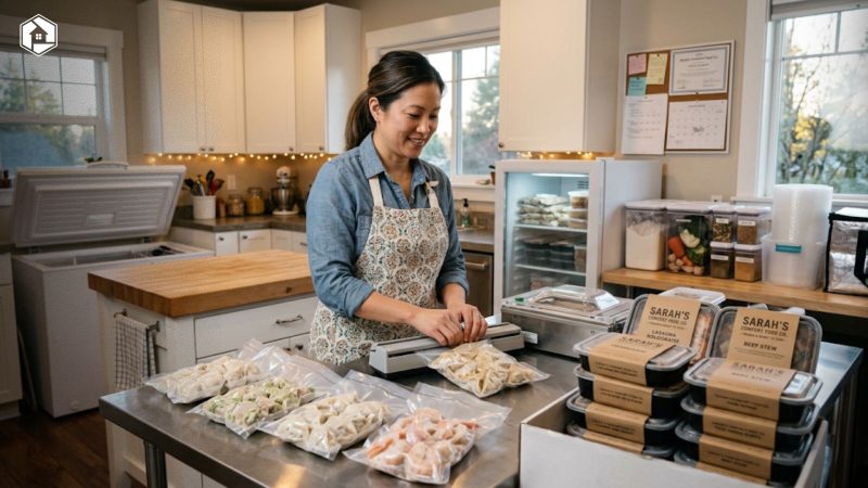 Small business owner preparing homemade frozen food products in a clean home kitchen, packaging frozen dumplings and ready-to-cook meals for sale.