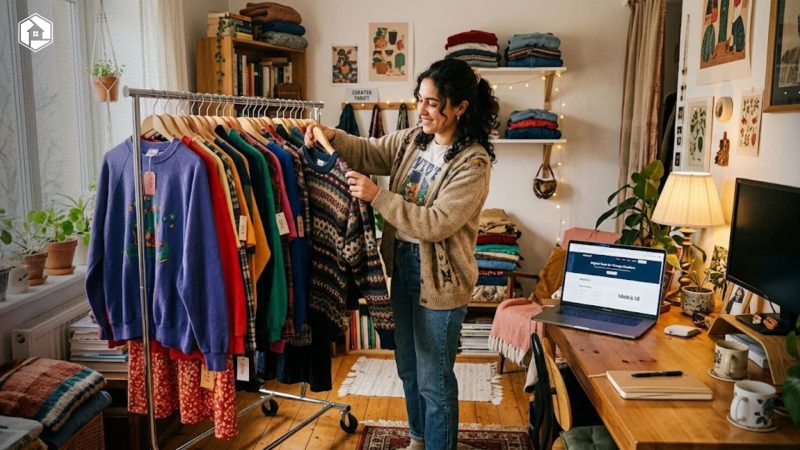 A cozy aesthetic workspace featuring a vintage thrift reseller organizing curated vintage clothing on a clothing rack with a laptop displaying Idebiz.id digital tools.