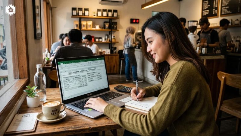 Simulasi cara menghitung HPP makanan dan penentuan harga jual menu kopi di laptop