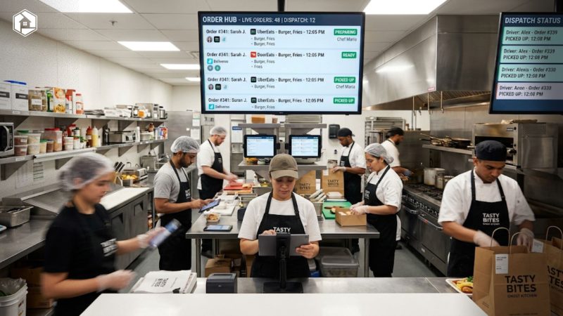 A ghost kitchen team using digital displays to manage online food delivery orders efficiently