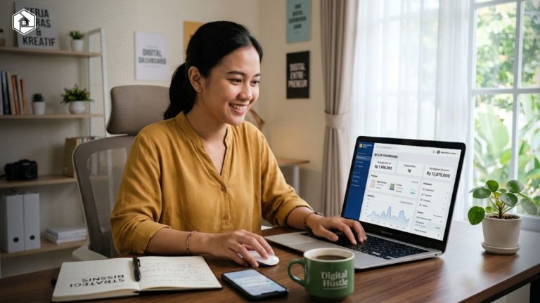 Seseorang sedang mengelola bisnis modal kecil berbasis digital menggunakan laptop di atas meja kerja yang rapi
