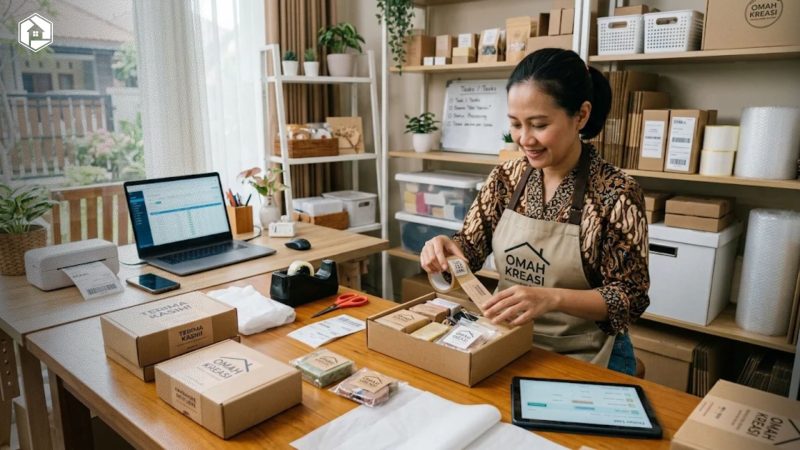 pelaku usaha rumahan modern sedang mengelola operasional bisnis dan pengemasan produk.