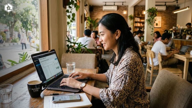 Karyawan sedang mengelola bisnis sampingan karyawan melalui laptop di kafe dengan suasana santai.