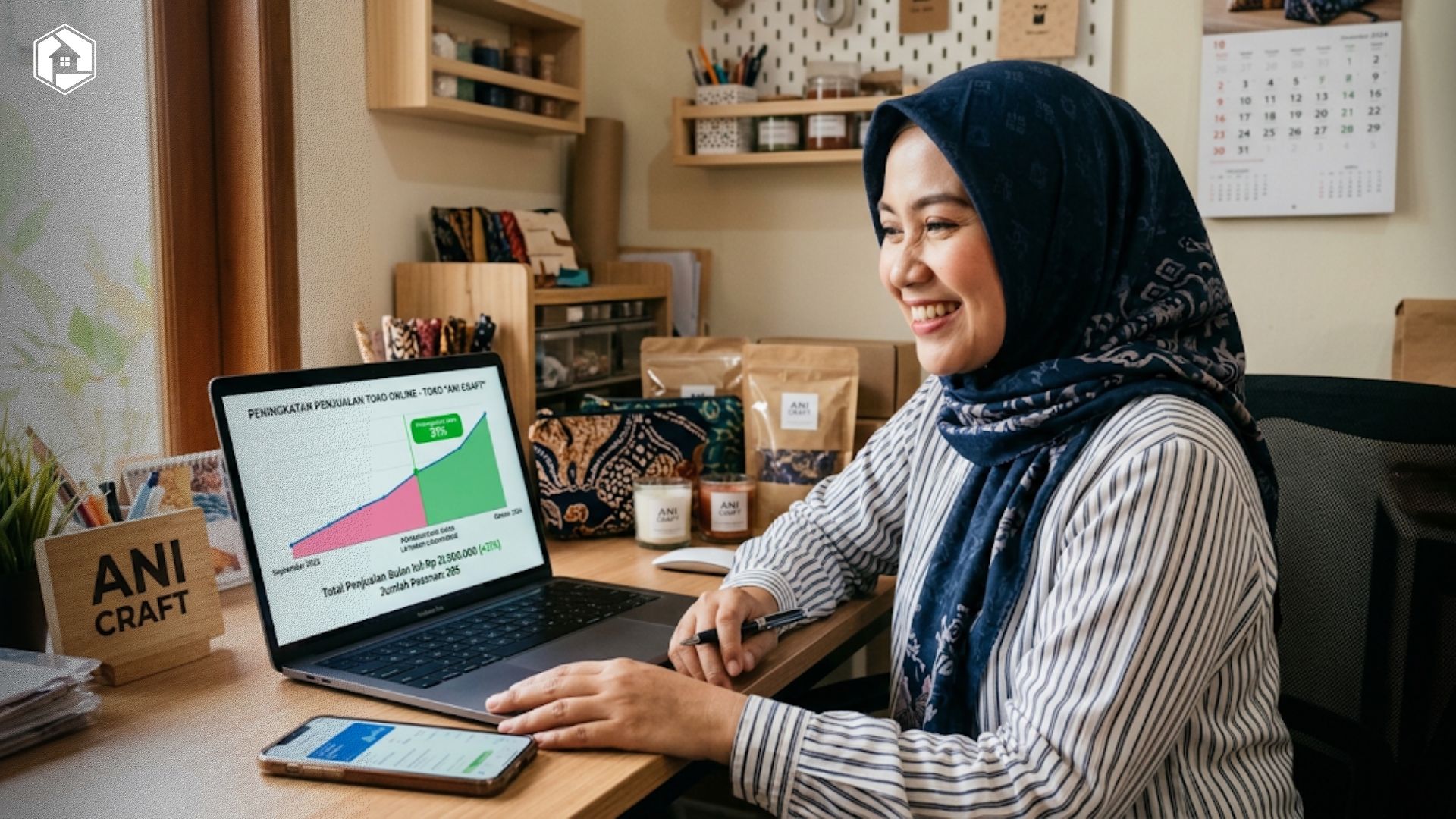 pebisnis UMKM perempuan tersenyum melihat grafik peningkatan penjualan toko online setelah pemangkasan biaya layanan e-commerce