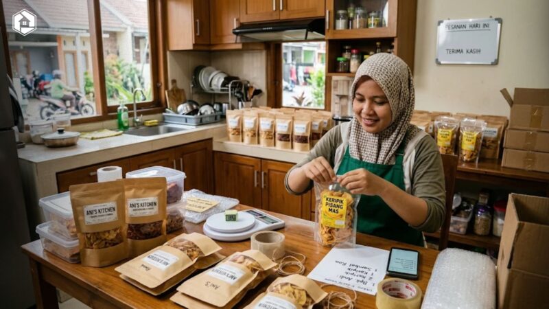 Seseorang sedang menyiapkan pesanan untuk usaha rumahan modal kecil di area perumahan
