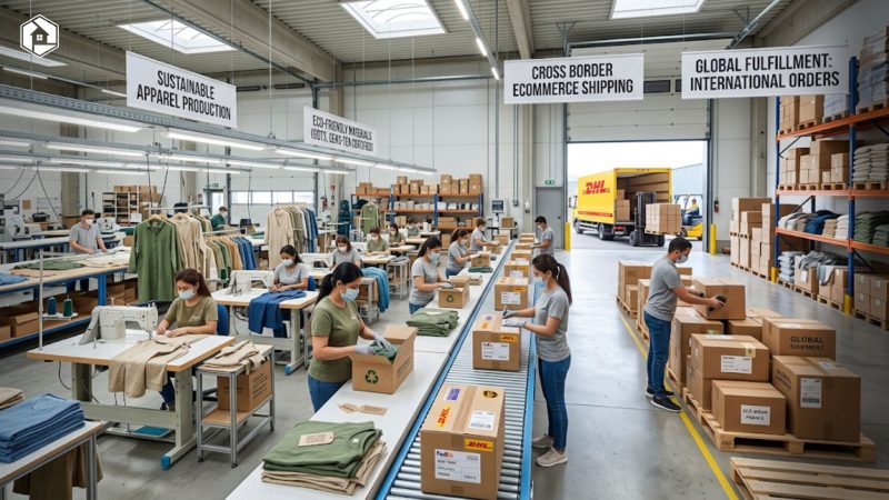 Eco-friendly sustainable apparel production line prepared for international shipping via cross border fashion ecommerce.