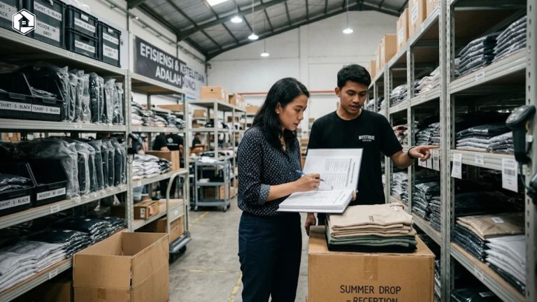 Praktisi bisnis fashion sedang mengecek SOP pengelolaan stok baju di gudang clothing line.
