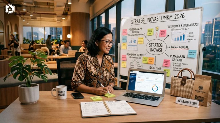 Pemilik usaha mikro kecil dan menengah sedang menyusun strategi inovasi UMKM 2026 di meja kerja modern.