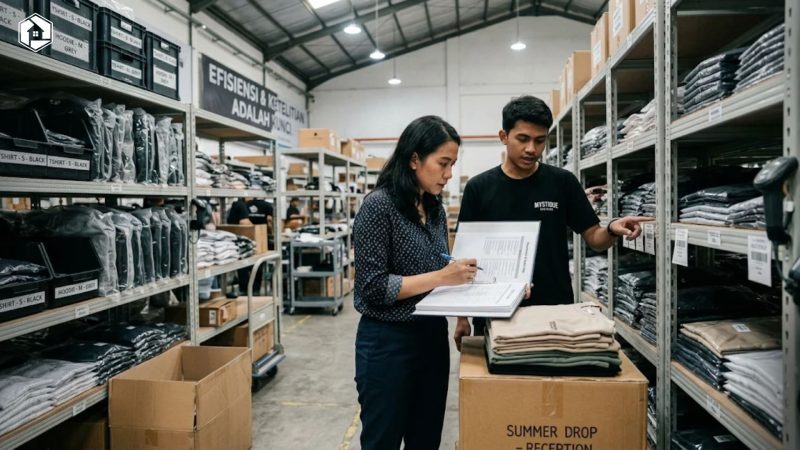 Praktisi bisnis fashion sedang mengecek SOP pengelolaan stok baju di gudang clothing line.